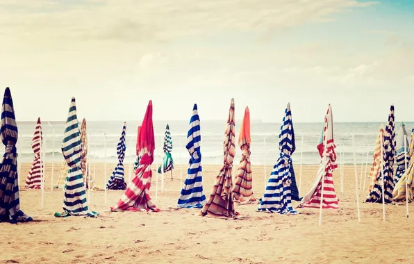 Sand, beach, the sky, umbrellas, Different