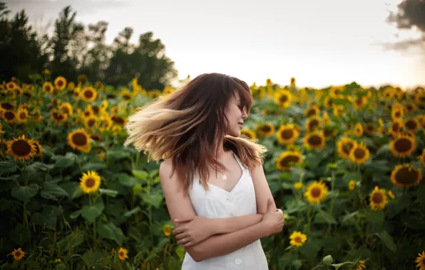 The sky, girl, clouds, sunflowers, pose, hair, Anna Kovaleva