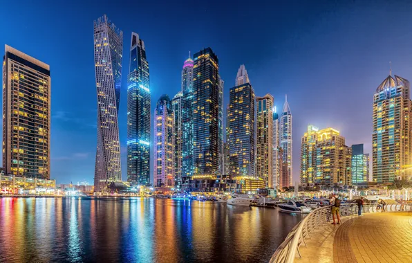 Building, Dubai, architecture, night city, Dubai, promenade, skyscrapers, harbour