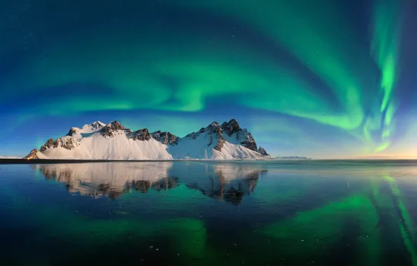 Mountains, shore, Northern lights, pond
