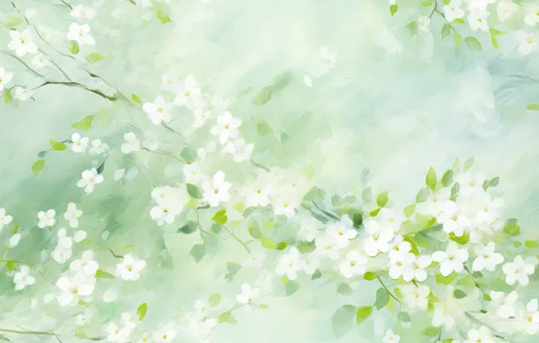 Greens, leaves, flowers, glade, blur, texture, spring, watercolor