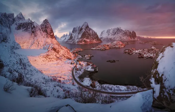 Winter, light, mountains, the fjord, The Lofoten Islands