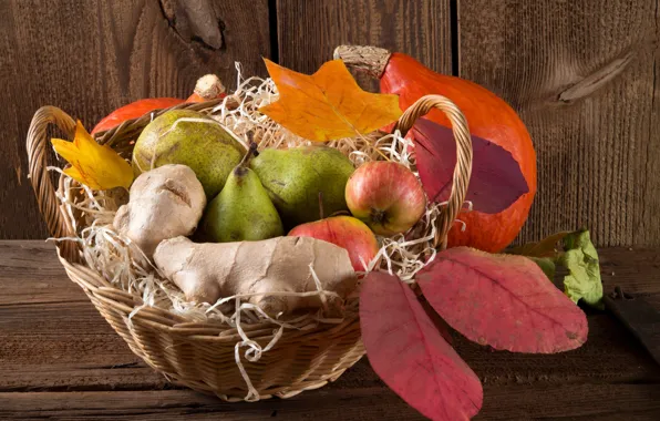 Leaves, basket, Apple, pear, ginger, autumn fruits