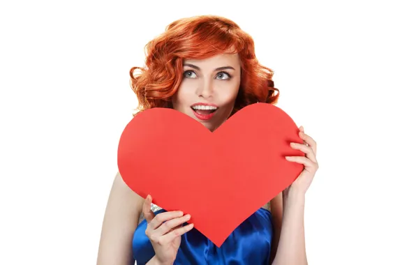 Girl, red, makeup, dress, hairstyle, hearts, white background, beautiful