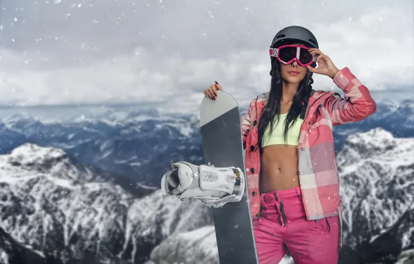 Girl, mountains, snow, glasses, sports, skateboard, pearls, skateboarding