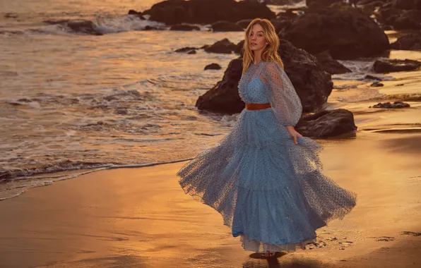 Picture sea, look, girl, pose, coast, dress, Sydney Sweeney