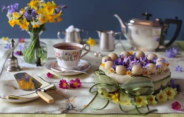 Picture flowers, tea, bouquet, cake, bow, Narcissus, hyacinth, Primula