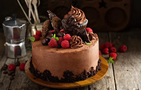 Decoration, berries, raspberry, cake, cream, cupcakes, chocolate cake