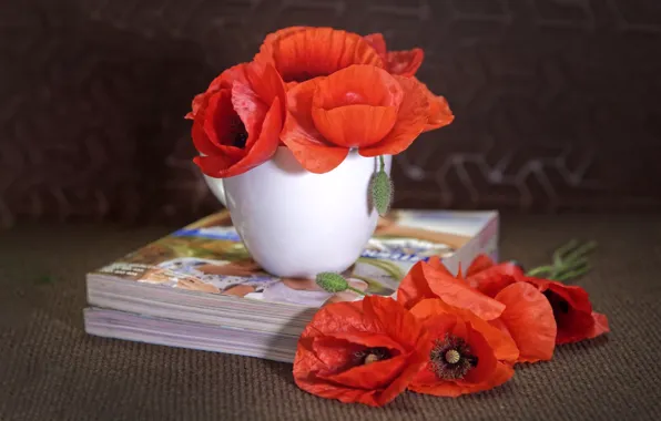 Flowers, Maki, bouquet, red, bowl, still life, magazines