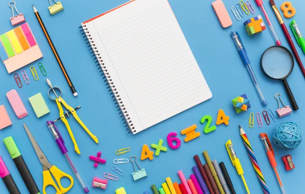 Pencils, handle, notebook, scissors, clip, eraser