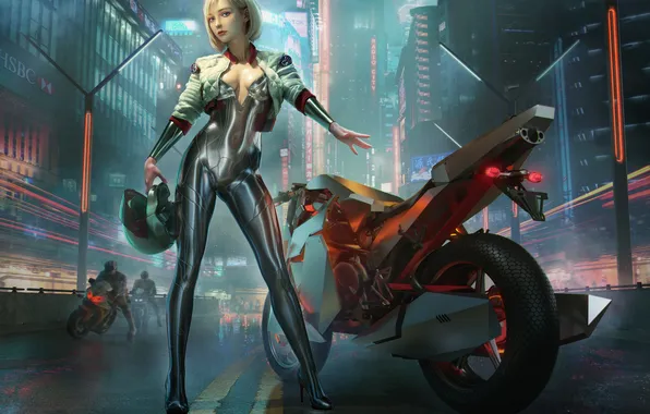 Picture motorcycle, cyberpunk, women, pearls, CGI, Yuan Yuan