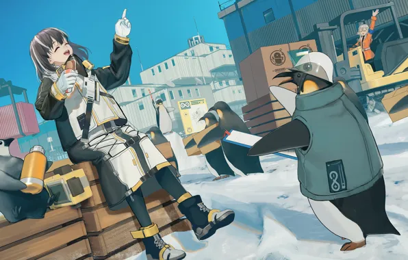 Snow, penguins, girl, Mayer, Arknights, Magallan