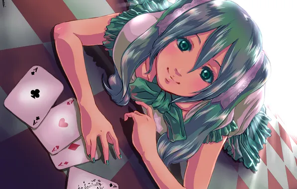 Picture card, hatsune miku, green hair, Vocaloid, lying