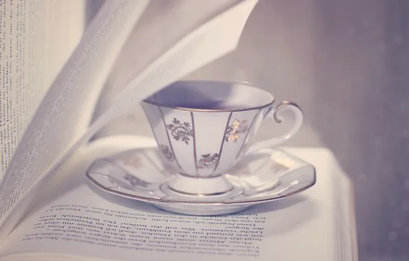 Tea, mug, book, page, saucer