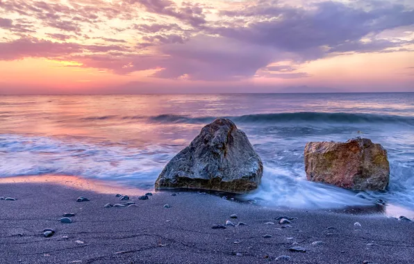 Sea, the sky, clouds, sunset, stones