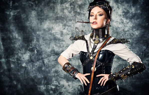 Picture girl, style, wire, glasses, cigarette, steampunk, corset