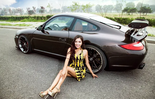Auto, look, Girls, Porsche, Asian, beautiful girl, posing on the car
