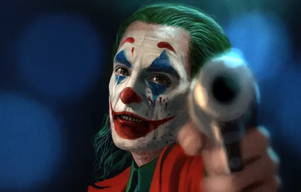 Weapons, tears, Joker, Joker, blurred background, makeup, the barrel of a gun