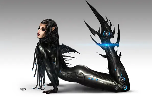 Girl, pose, fiction, mermaid, art, tail, profile, cyborg