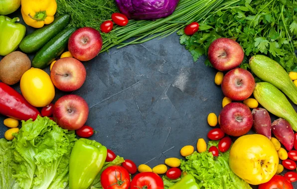 Greens, table, bright, apples, round, kiwi, harvest, bow