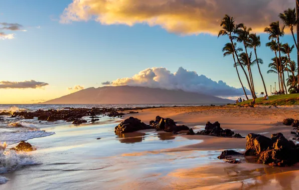 Sand, sea, wave, beach, the sky, clouds, mountains, stones