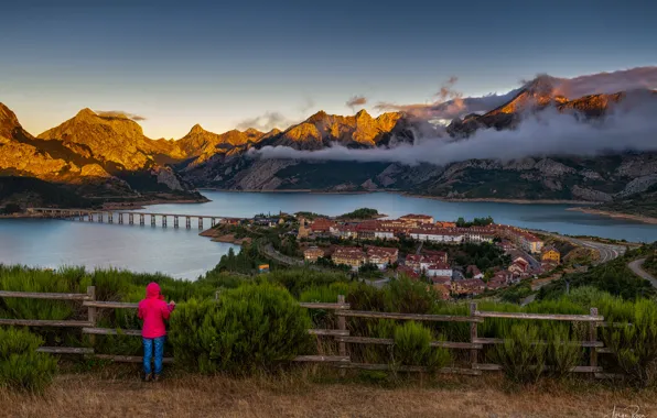 Picture clouds, landscape, mountains, bridge, nature, river, home, village