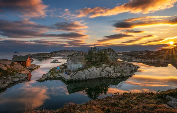 The sky, sunset, lake, rocks, house, Norway, Bjоrkeland, Bjоrn Peder