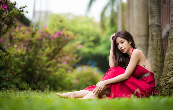 Park, hair, dress, Asian, bokeh