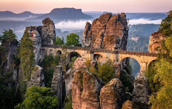 Landscape, mountains, bridge, nature, rocks, vegetation, Germany, Saxon Switzerland