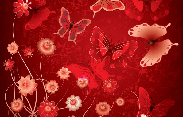 Butterfly, flowers, abstract, red, design, flowers, grunge, butterflies
