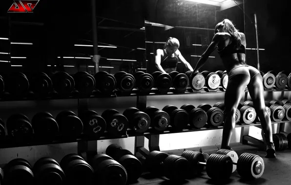 Ass, black and white, sport, the gym, dumbbells, gym, Ana Delia, fitness model
