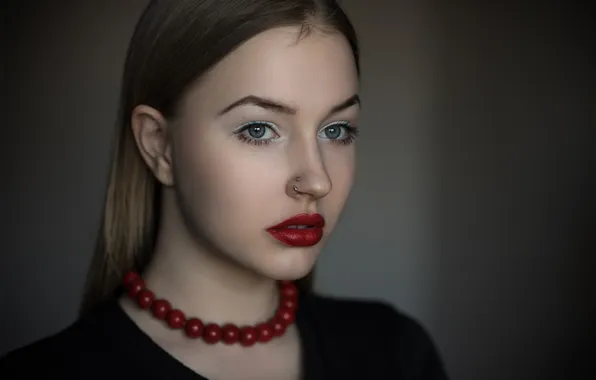 Background, model, portrait, makeup, piercing, hairstyle, beads, brown hair