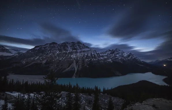 Forest, night, lake, mountain, Banff National Park, Alberta, Canada, night