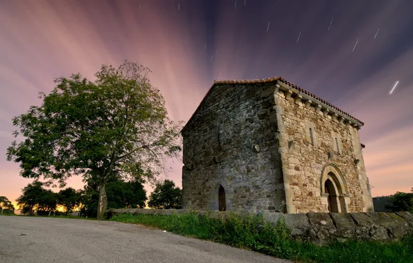 Road, night, building