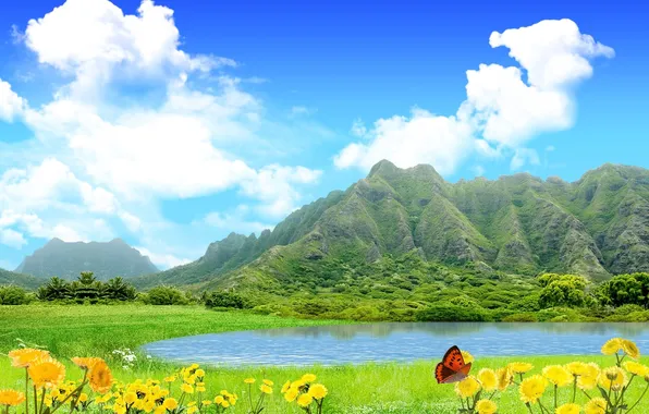 Greens, the sky, grass, water, clouds, flowers, mountains, nature