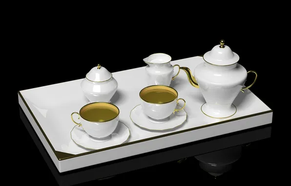 Reflection, tea, drink, mugs, teapot, tray, saucers