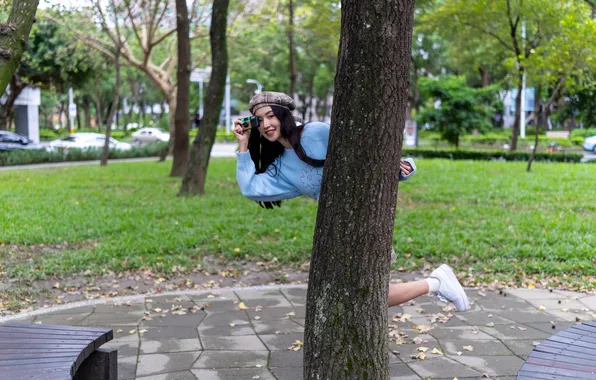 Girl, tree, the camera, Asian, takes, sweater