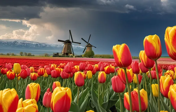 Field, the sky, flowers, mountains, clouds, spring, tulips, red