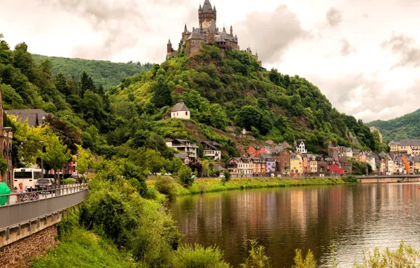 Greens, forest, clouds, trees, mountains, river, castle, home