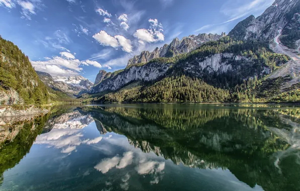 Mountains, lake, reflection, Austria, Alps, Austria, Alps, lake Gosau