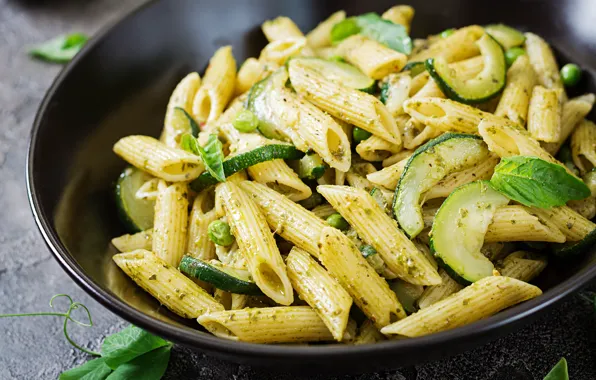 Greens, food, plate, pasta, zucchini, Basil, green peas, zucchini