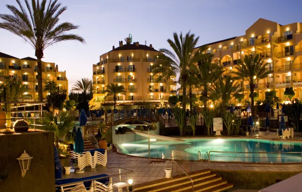 Palm trees, the pool, the hotel, architecture, the bridge, resort, Spain, Spain