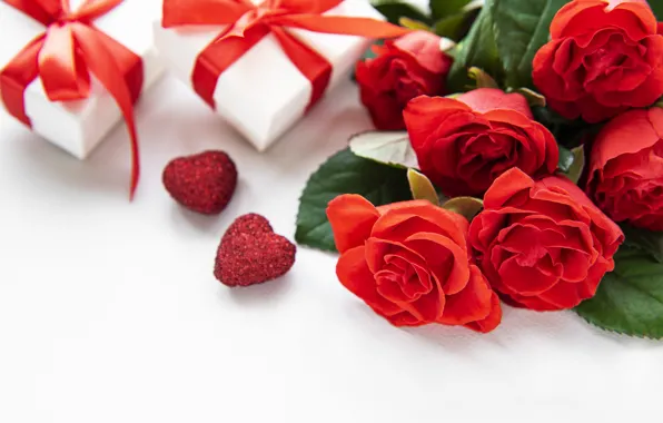 Roses, gifts, hearts, red, Valentine's Day, Olena Rudo