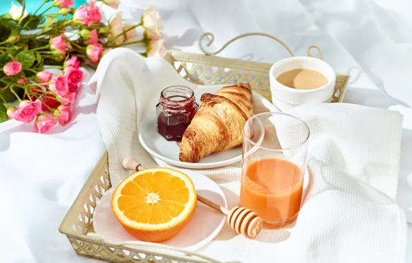 Coffee, orange, roses, juice, croissant