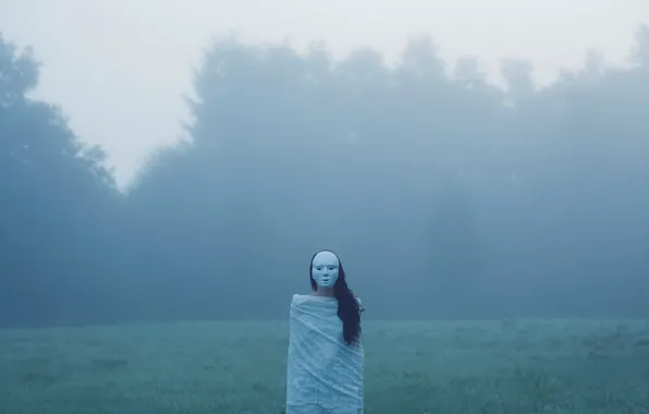 Field, forest, fog, figure, mask, horror
