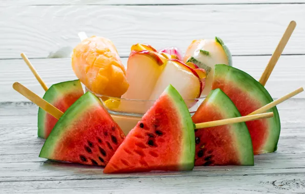 Board, watermelon, ice cream, fruit, mango, light background, slices, slices