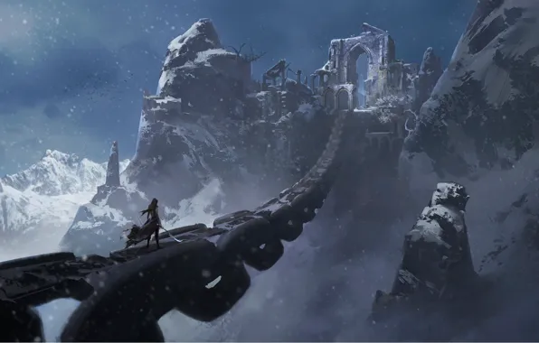 Picture cold, girl, snow, bridge, weapons, rocks, fantasy, art