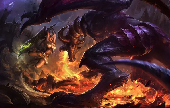 Girl, fire, monster, sword, art, battle, Riven, League Of Legends
