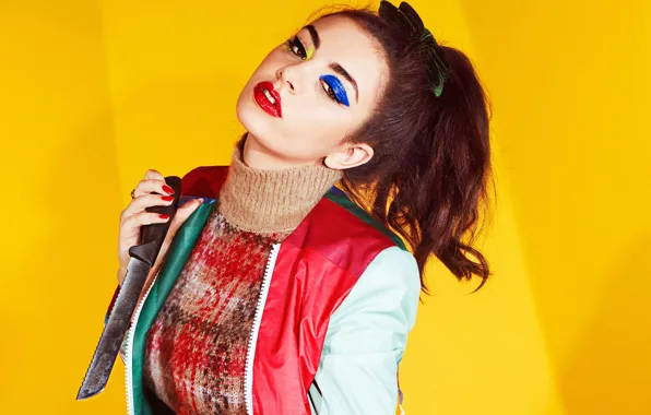 Picture look, yellow, background, model, makeup, jacket, hairstyle, knife