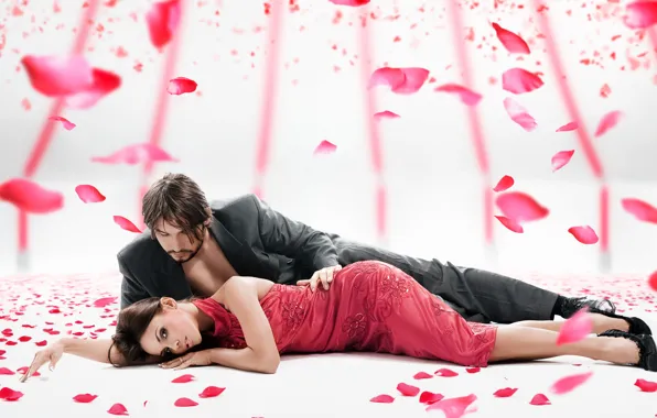 Picture girl, guy, rose petals, Valentine's day